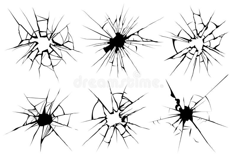 Cracked glass. Broken window, shattered glassy surface and break windshield glass texture silhouette. Crack shattered mirror or bullet hole. Vector illustration isolated icons set. Cracked glass. Broken window, shattered glassy surface and break windshield glass texture silhouette. Crack shattered mirror or bullet hole. Vector illustration isolated icons set